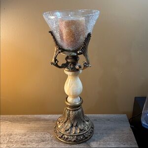 VTG Crackle Glass Urn Candle Holder Ornate Metal Pedestal Hollywood Regency Deco